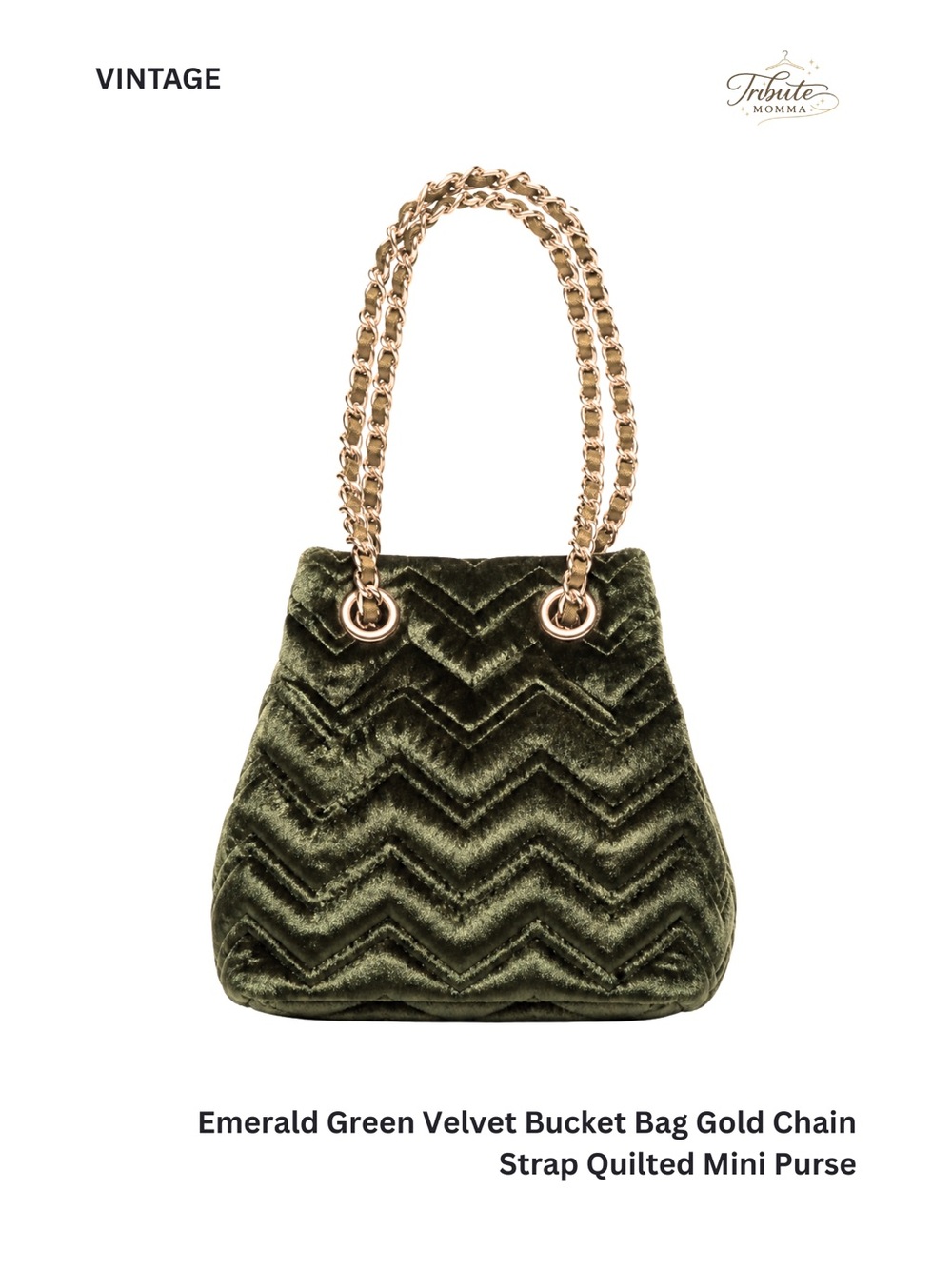 Emerald Green Velvet Bucket Bag Gold Chain Strap Quilted Mini Purse